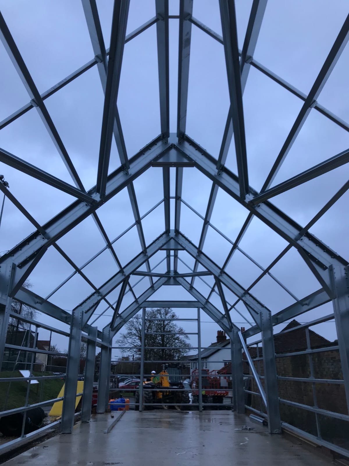 Inside a steel building construction
