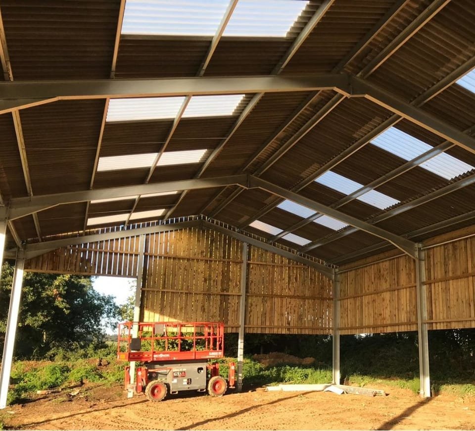 Inside an agricultural steel building