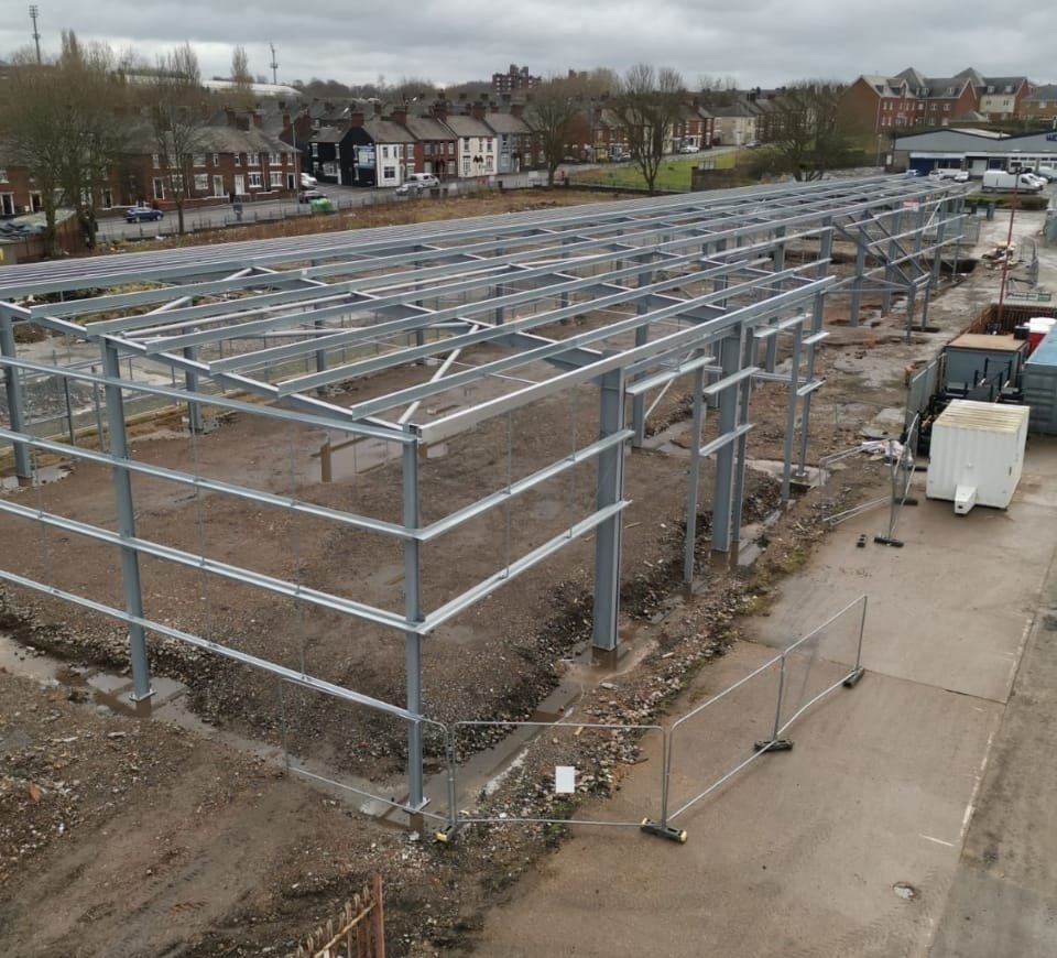 Steel building in construction